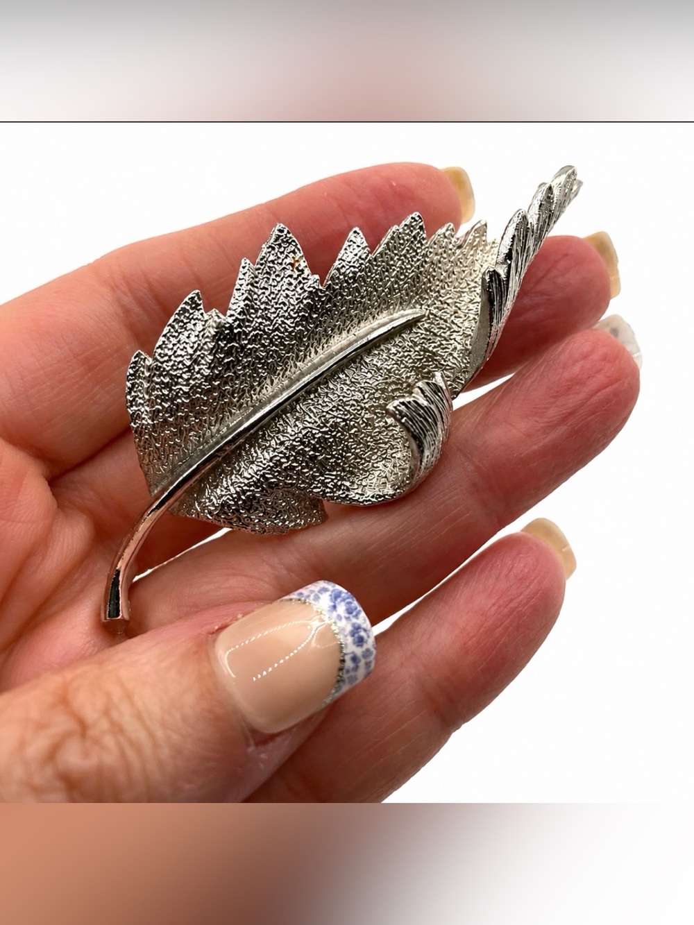 Coro Textured Silver Tone Curled Leaf Brooch Signed Vintage